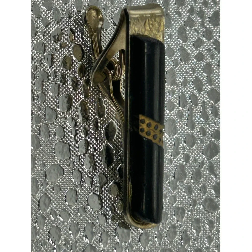 Vintage Gold Tone Tie‎ Clip Black Inlay Diagonal Gold Band Detail Mens Accessory